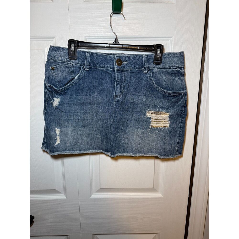 ELLE Women's Distressed Denim Mini Skirt Blue Size 12 13" Length